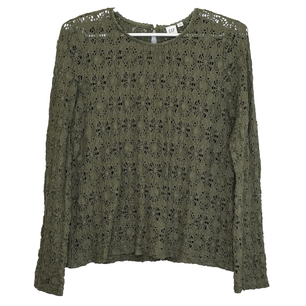 Gap Top Womens Sz Small‎ Army Green Pucker Lace Long Sleeve Round Neck Y2K Fairy